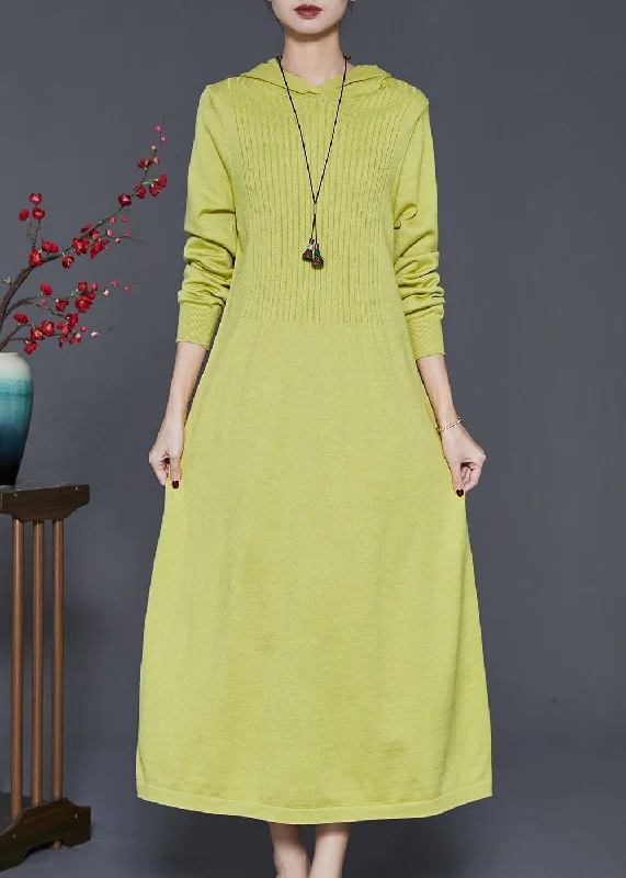 Weekend Offers That Delight Grass Green Silm Fit Knit Dresses Hooded Spring