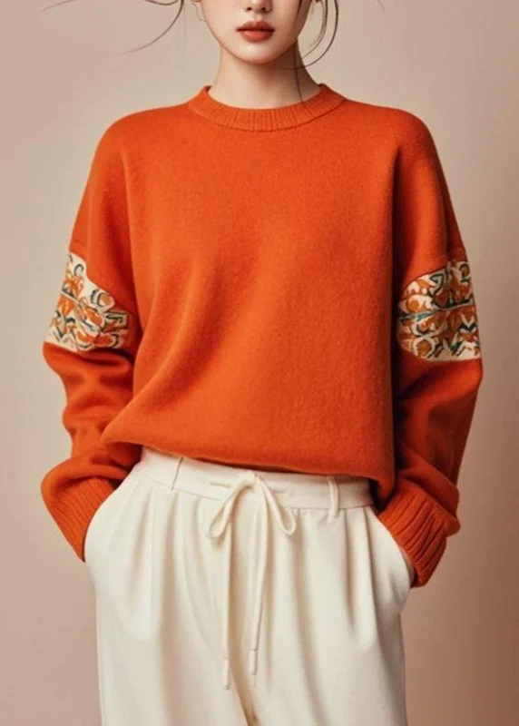 Weekend Price Cuts Galore Fine Orange O-Neck Cozy Cotton Fall Knit Sweater