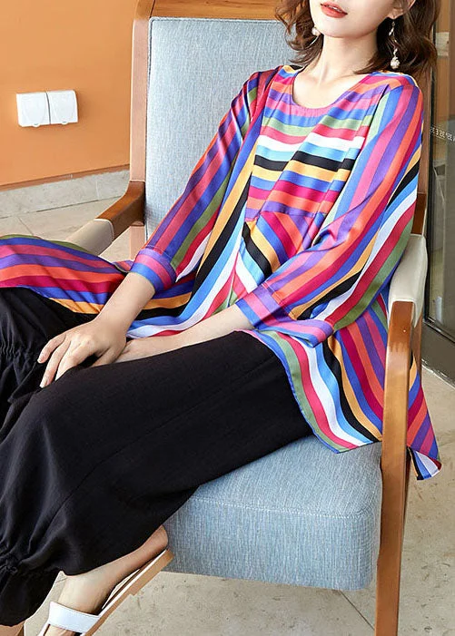 Special Price Women Striped O-Neck Patchwork Tops And Pants Silk 2 Pieces Spring