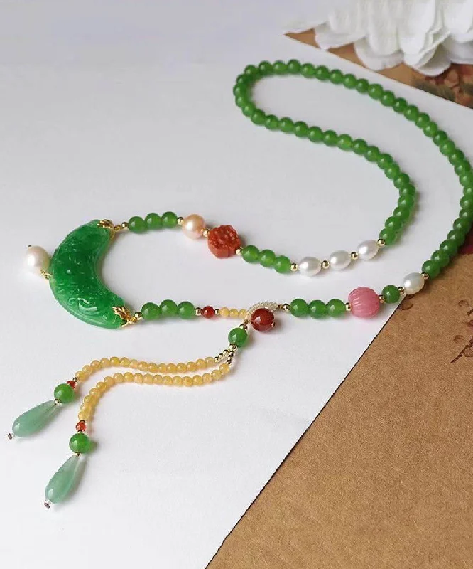 Sale Alert Original Green Pearl Dry Green Beading Tassel Sweater Pendant Necklace
