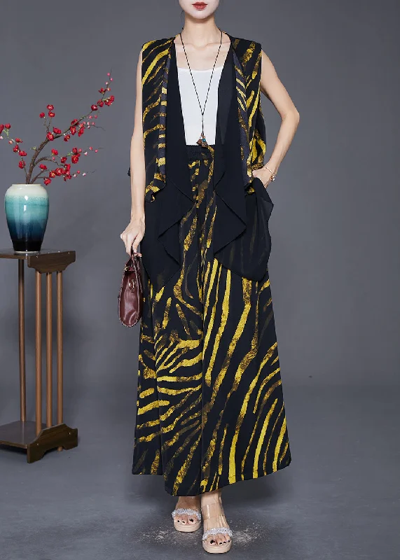 Epic Value Yellow Striped Cotton Vest And Pants Two-Piece Set Asymmetrical Design Fall