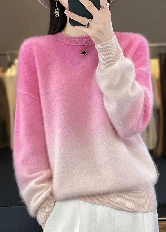 Super Savings Women Pink Gradient Color O-Neck Cozy Sweaters Long Sleeve