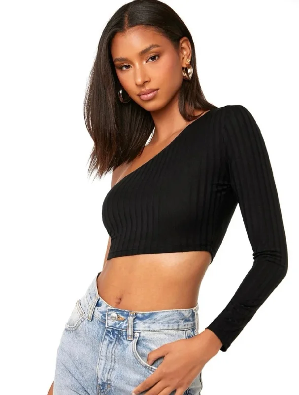 Final Clearance Black One Shoulder Rib-Knit Crop Top
