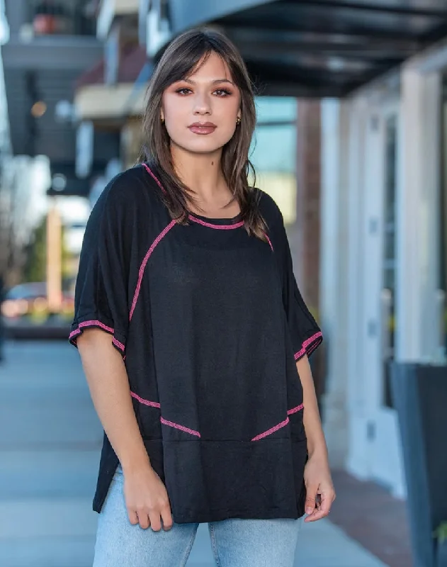 Weekend Discounts to Indulge In Oversized Raw Edge Black and Hot Pink Top
