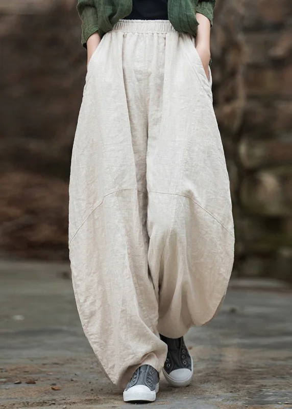 Best Bargains Beige Pockets Patchwork Linen Lantern  Pants Elastic Waist Fall