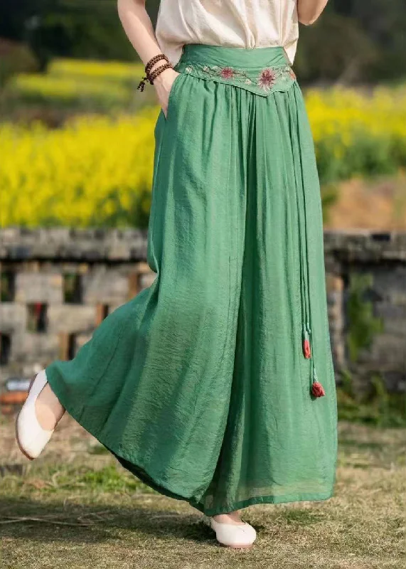 Bargain Blast Boho Green Embroideried Pockets Tasseled Patchwork Silk Wide Leg Pants Summer
