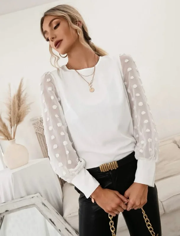 Price Fest White Blouse With White Sheer Dotted Sleeve