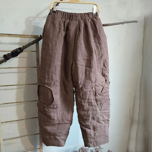 Now Available Women Vintage Wide Leg Pants Elastic Waist Cotton Linen Trouser