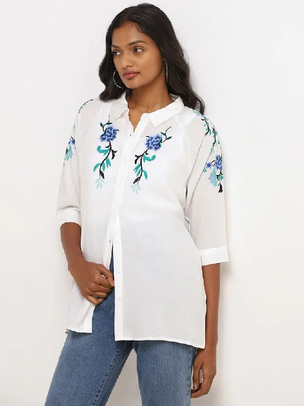 Cash Savings LOV White Embroidered Drop-Tail Shirt