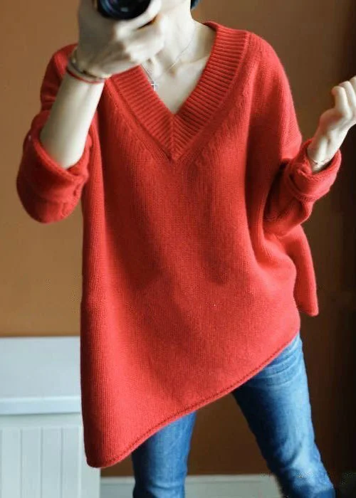 Don't Delay Simple Red Asymmetrical Solid Knit Top Long Sleeve
