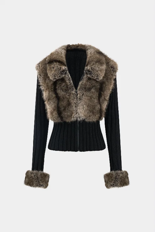 Weekend Steals Await Knit Patchwork Faux Fur Collar Long-Sleeve Cardigan