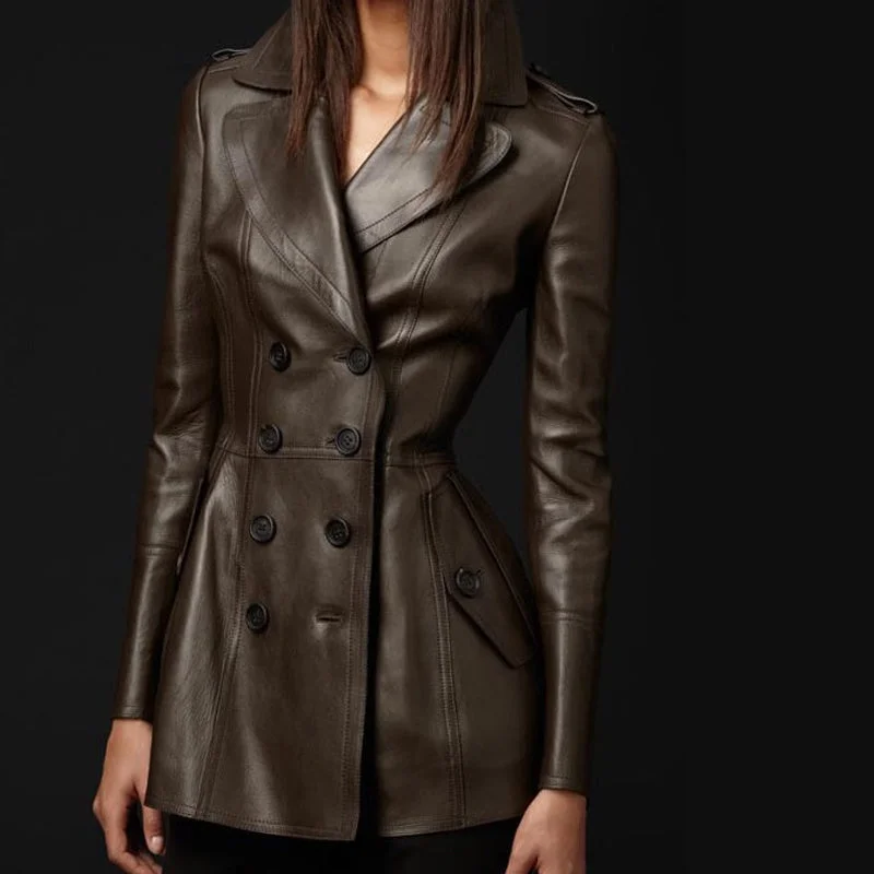 Exclusive Deal Mid-length Leather Wind Coat Women's Large Swing Coat