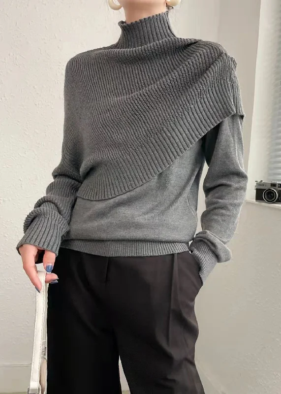 Final Clearance French Dark Grey Hign Neck False Two Pieces Woolen Knit Sweaters Spring