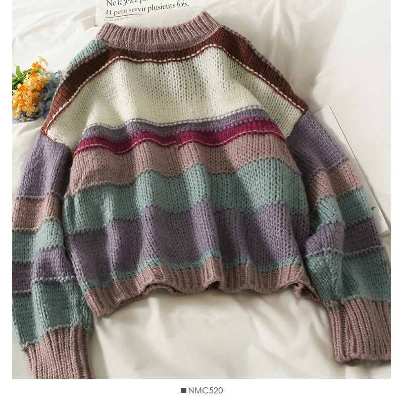 Mega Sale Elegant color contrast stripe round neck long sleeve Pullover Sweater women  2071