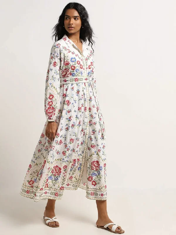 Weekend Discounts to Snag LOV White Floral Schiffli Design Cotton Shirt Dress with Belt Weekend Discounts to Snag LOV White Floral Schiffli Design Cotton Shirt Dress with Belt