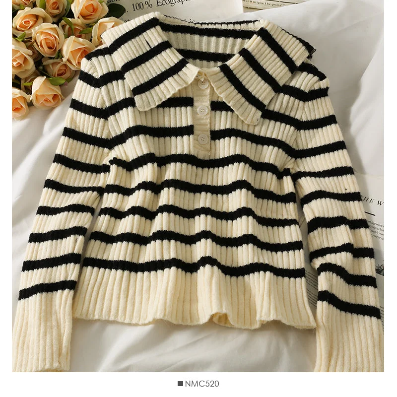 Midnight Sale Korean stripe slim slim Lapel long sleeve sweater for women  2065