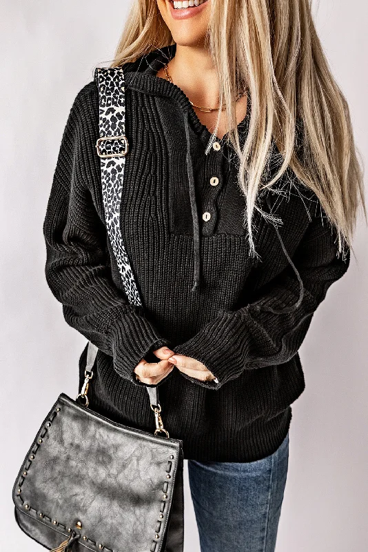 Doorbuster Deal Black V Neck Casual Henley Drawstring Hooded Sweater