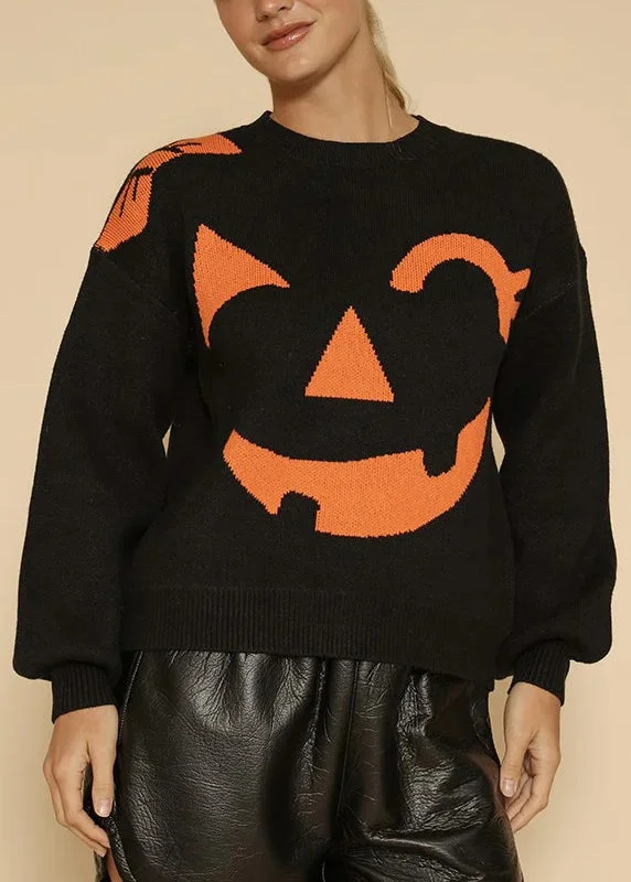 Shop and Save Smiling Face Patchwork Knit Top O Neck Long Sleeve