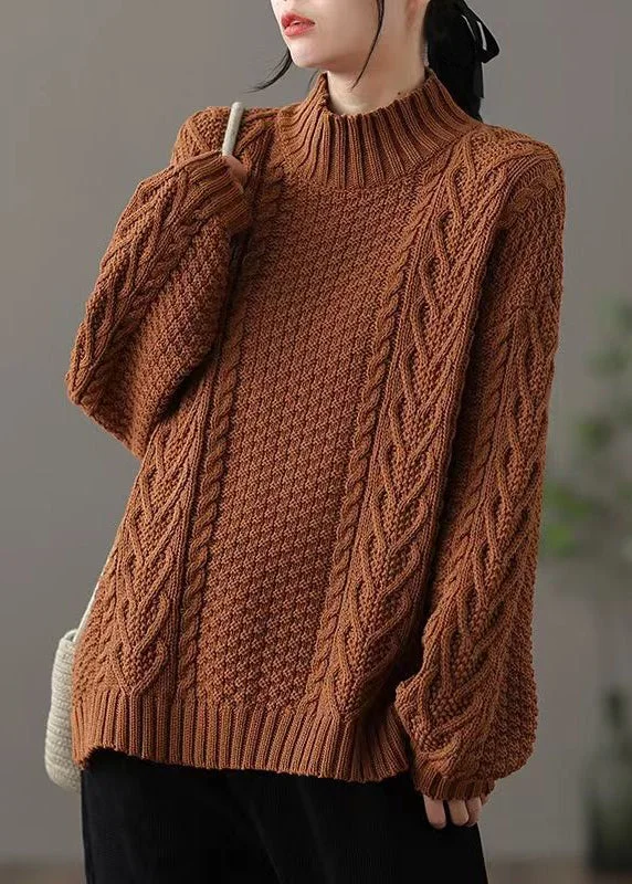 Weekend Discounts to Snag Loose Brown Half Hign Neck Cable Knitted Sweaters Spring