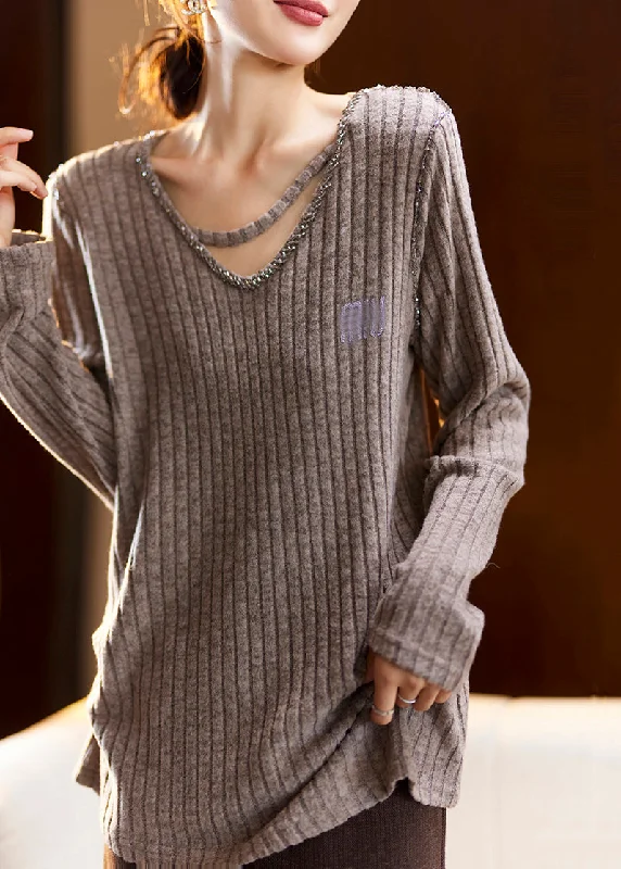 Discount Deals Plus Size Coffee V Neck Nail Bead Patchwork Knit Top Spring