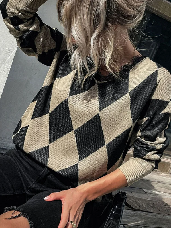 Clearance Sale Argyle Eyelash Lace Trim Dropped Shoulder Sweater