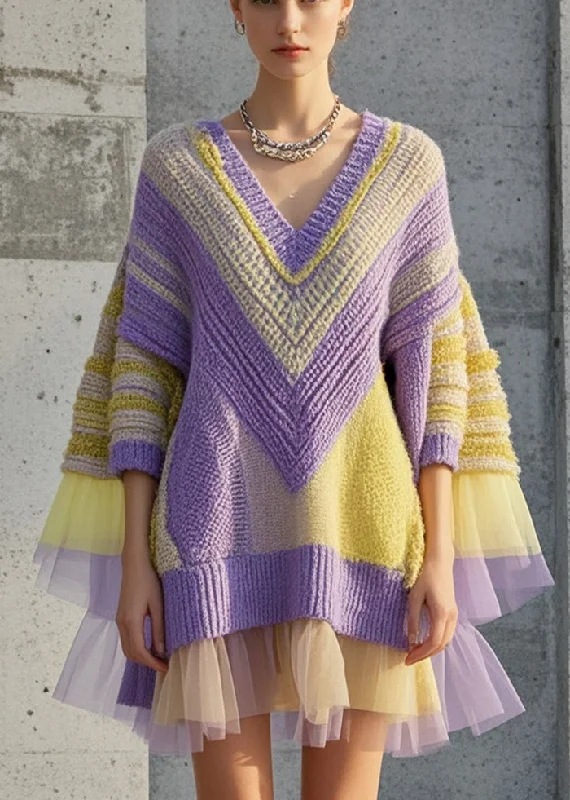 Lowest Price Original Design Purple Oversized Patchwork Knit Dress Fall