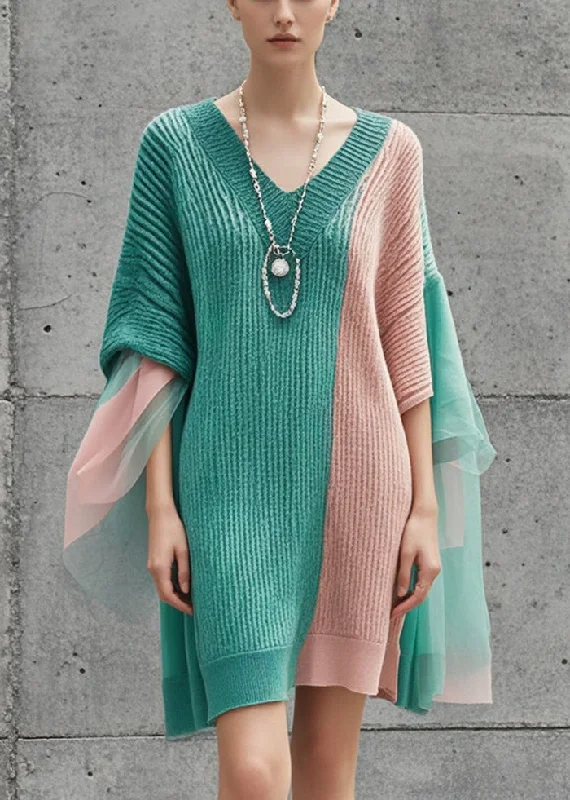 Lowest Prices Women Colorblock Asymmetrical Patchwork Knit Sweater Dress Fall