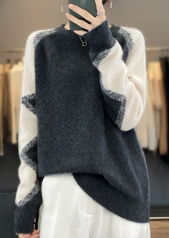 Massive Deal Chic Dark Gray O Neck Patchwork Cozy Wool Sweaters Spring