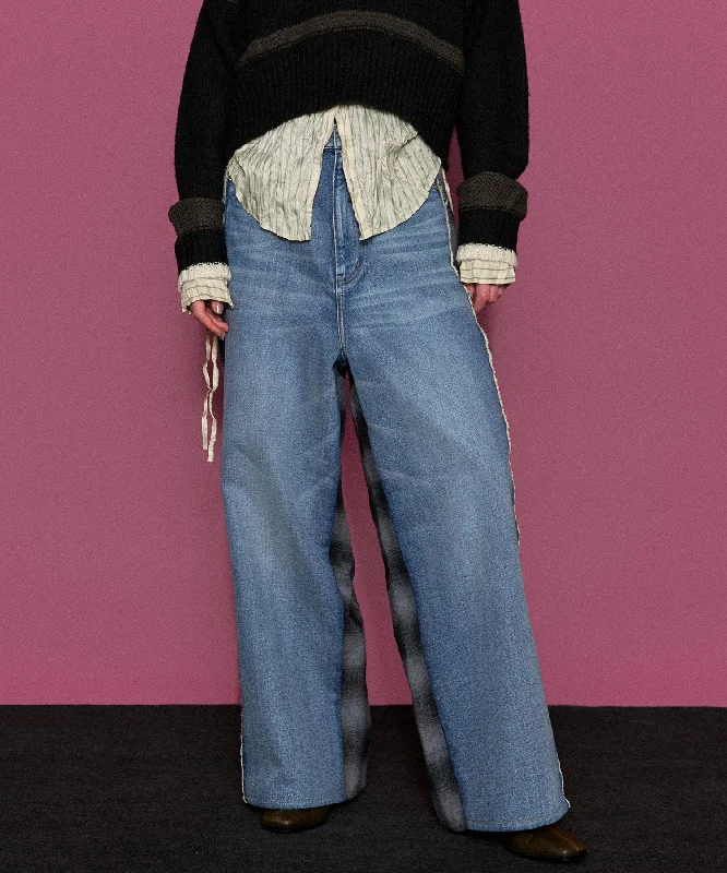Don't Wait Plaid Pattern Bicolor Denim Pants