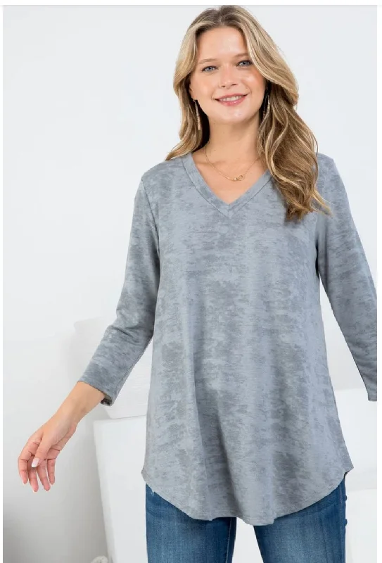 Weekend Savings Sensation Acid Wash Grey V-Neck Top
