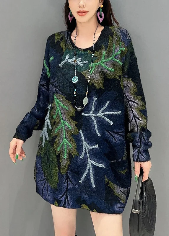 Your Weekend, Your Savings French Navy O-Neck Print Knit Sweaters Long Sleeve