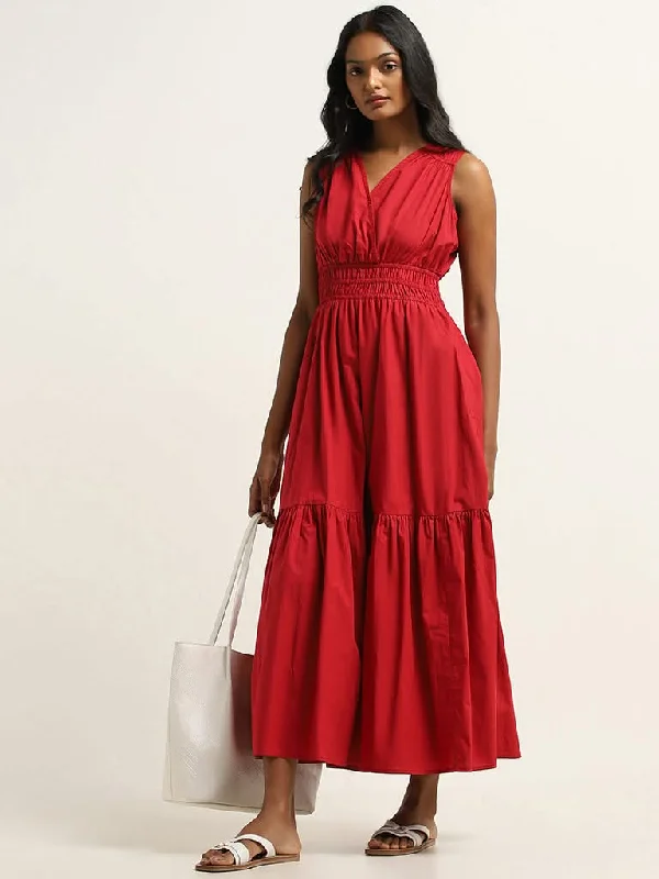 Weekend Offers That Dazzle LOV Red Smocked Cotton Tiered Dress