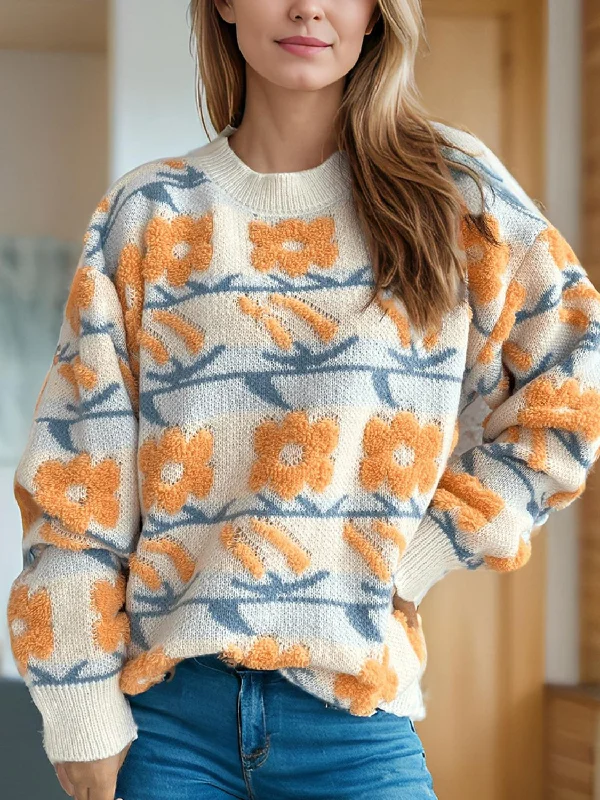 Shop Now Flower Contrast Round Neck Long Sleeve Sweater