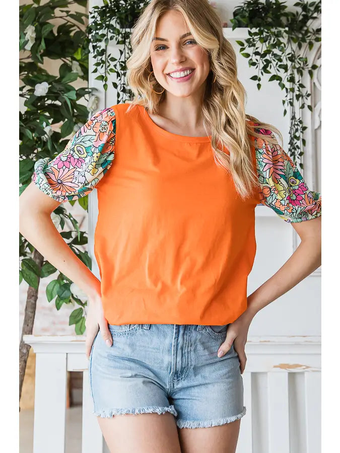 Can't Miss Orange Floral Sleeve Tee