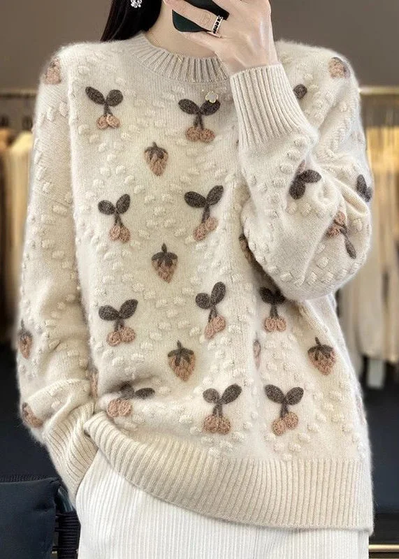 Instant Deal Floral Beige O Neck Cozy Cotton Knit Sweaters Long Sleeve