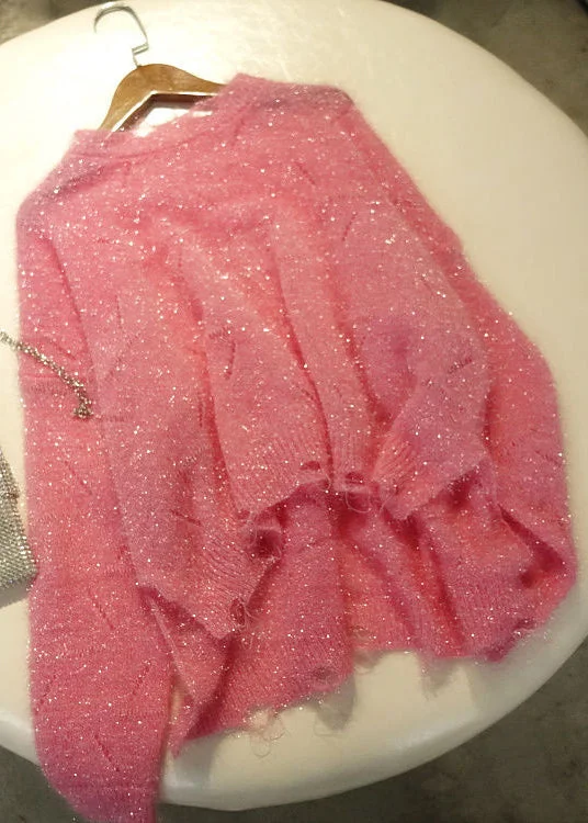 Mega Sale Loose Pink Hollow Out Low High Design Knit Top Long Sleeve