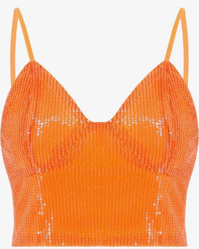Time-Limited Offer Orange Sequin Spaghetti Strap Crop Top
