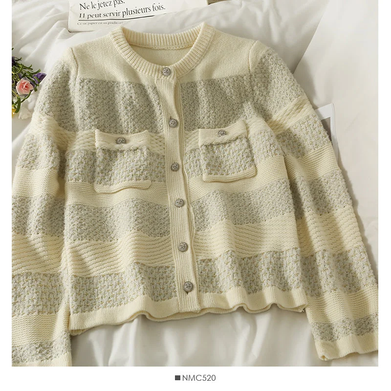 Final Sale Korean retro bright silk striped single breasted cardigan women's sweater  2072