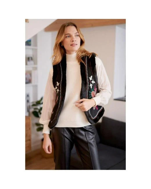 Discount Extravaganza Gilet Embroidered Vest-Black Multi/White