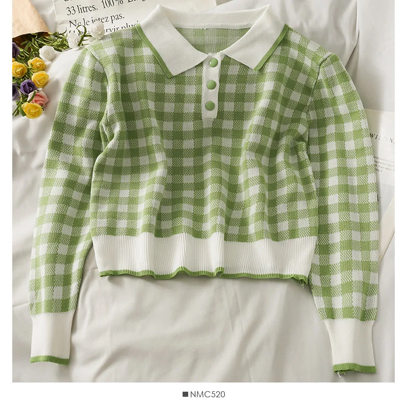 Massive Deal Contrast stitched Plaid Lapel short slim knit  2058
