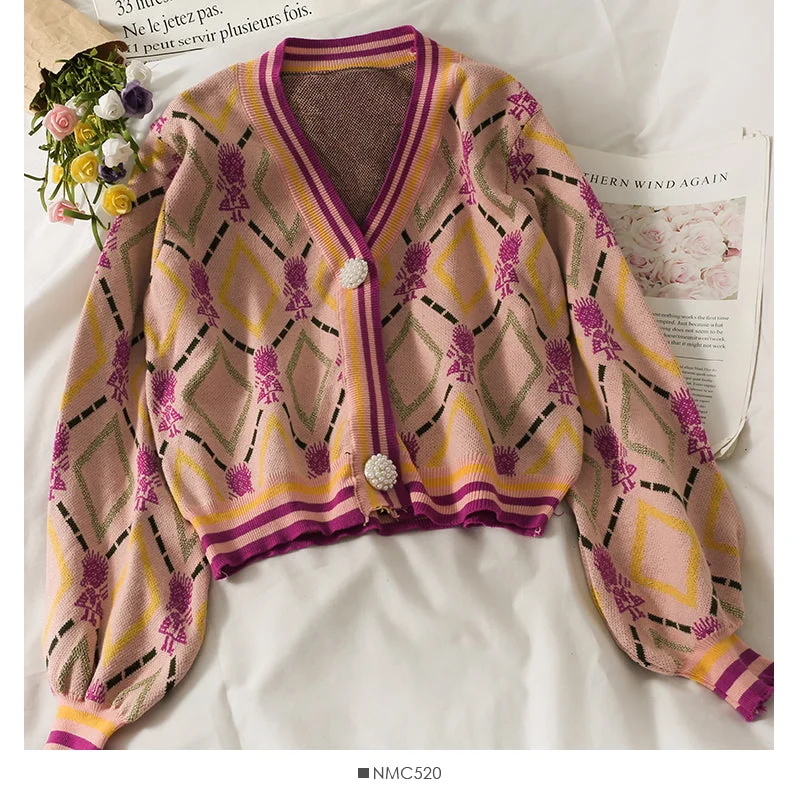 Limited Offer Vintage Print diamond check loose long sleeve top women's autumn V-neck two button short sweater  2066