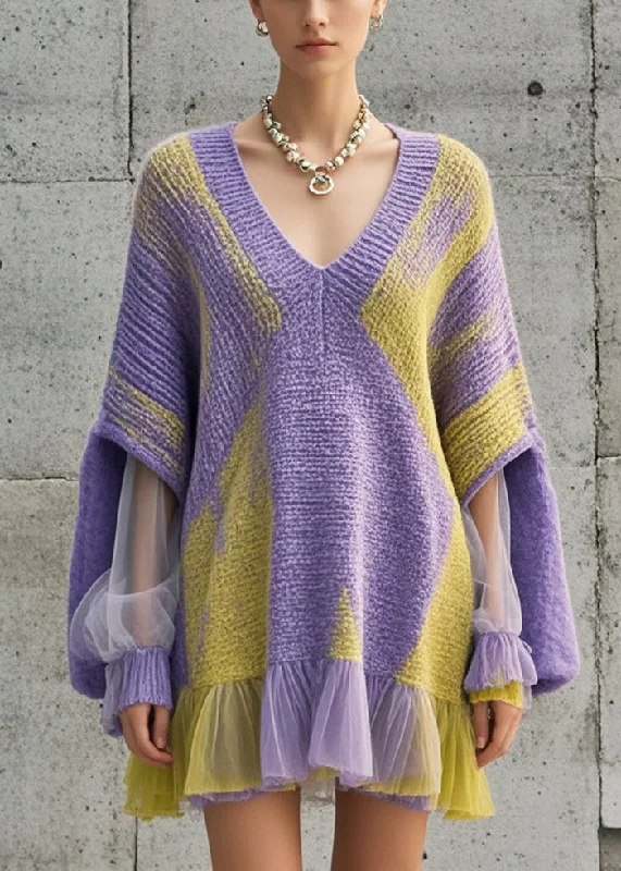 Can't Resist Women Purple Oversized Patchwork Tulle Knit Dress Fall