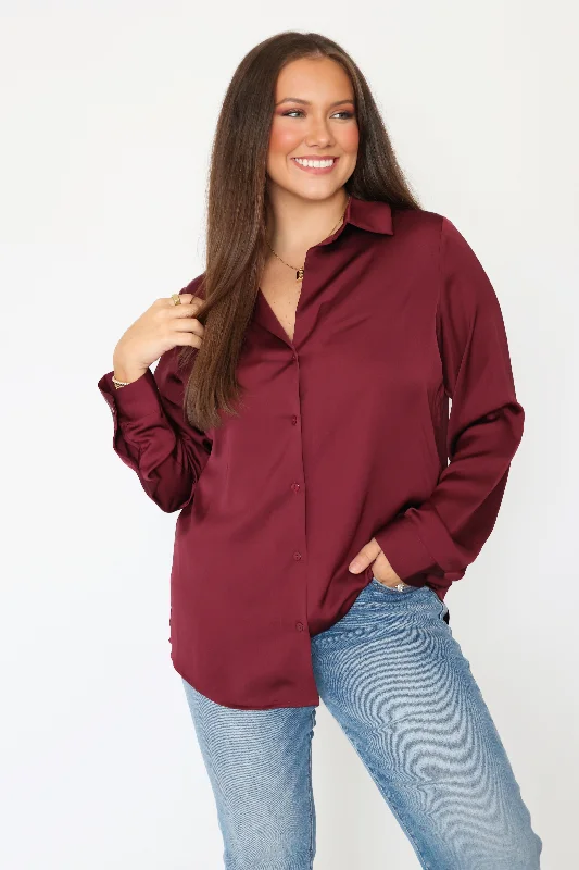 Price Slash Lyza Satin Button Up- Plum (FINIAL SALE)