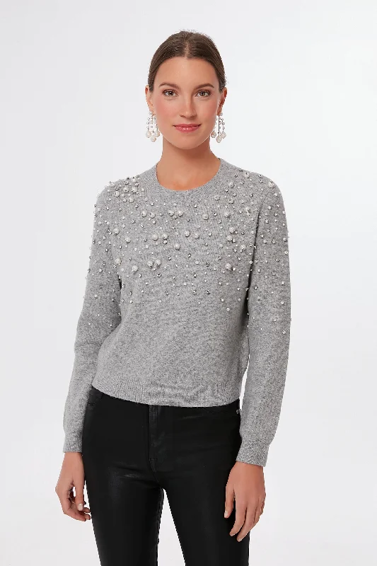 Make Your Weekend Count with Savings Gray Melange Pearl Rhinestone Embellished Sweater
