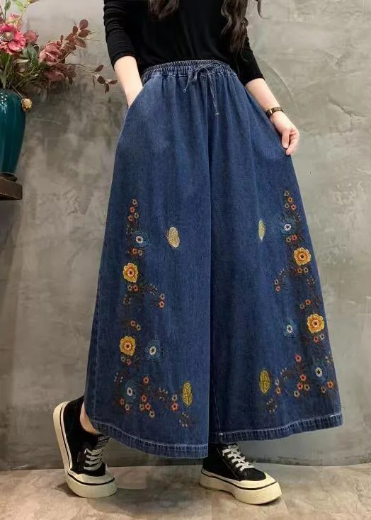 Final Clearance Original Blue Embroidery Patchwork Elastic Waist Denim Wide Leg Pants Autumn
