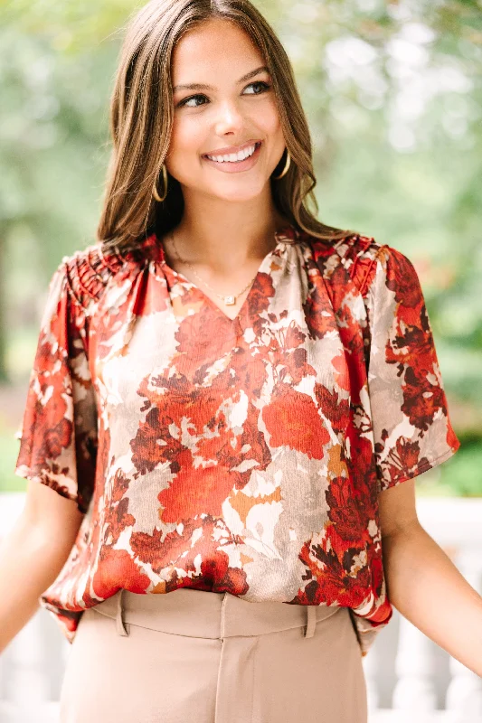 Savings Galore Into Your Heart Rust Brown Floral Blouse