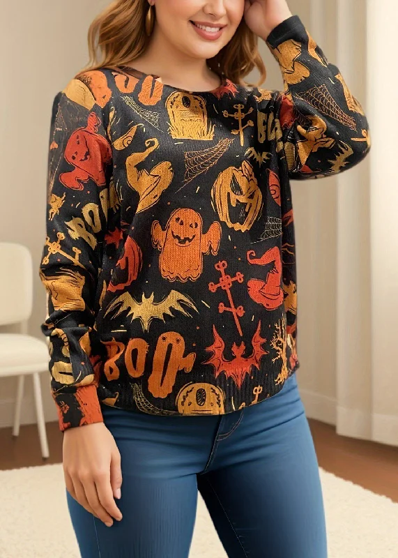 Weekend Savings Galore Bohemian Black O Neck Print Cozy Knit Sweaters Fall