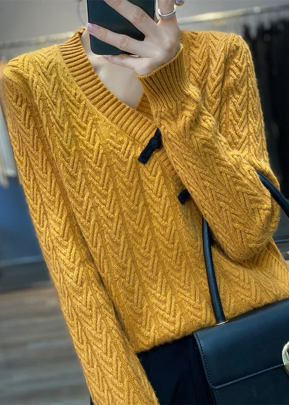 Weekend Savings Spectacular Chinese Style Yellow V Neck Oriental Button Wool Sweater Spring