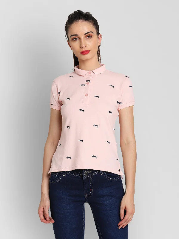 Midnight Sale JUMP USA Women Pink & Navy Blue Printed Polo Collar T-Shirt