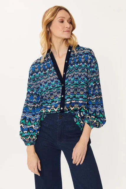 Major Savings Geo Velvet Trim Top - Indigo
